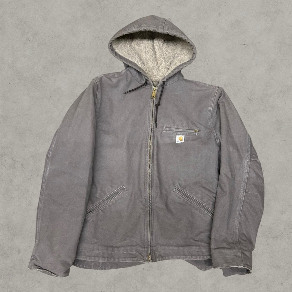 Carhartt Jacket Women Medium Gray Hooded Detroit WJ141-032 Sandstone Sherpa Line